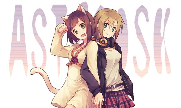 Anime picture 1000x599 with idolmaster idolmaster cinderella girls maekawa miku tada riina minaki (artist) looking at viewer short hair breasts open mouth blue eyes smile brown hair wide image multiple girls green eyes animal ears tail animal tail cat ears open clothes