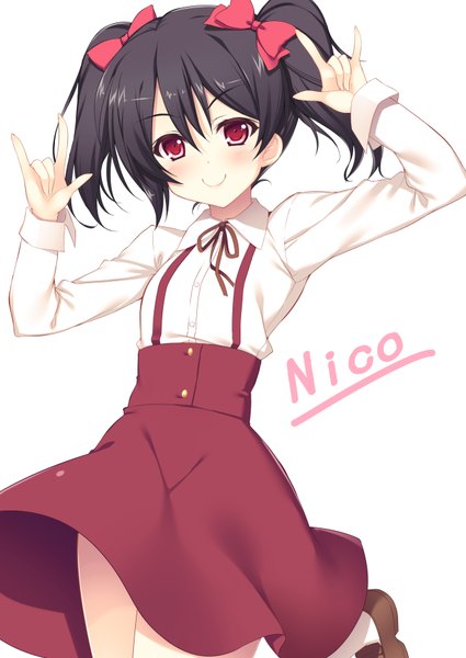 Anime picture 2580x3640 with love live! school idol project sunrise (studio) love live! yazawa nico raiou tall image looking at viewer blush highres short hair black hair simple background smile red eyes white background mmm girl dress bow hair bow