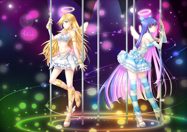 Anime picture 1600x1132 with panty & stocking with garterbelt anarchy stocking anarchy panty tidsean long hair blue eyes blonde hair multiple girls green eyes blue hair multicolored hair two-tone hair midriff colored inner hair girl thighhighs 2 girls wings halo striped thighhighs