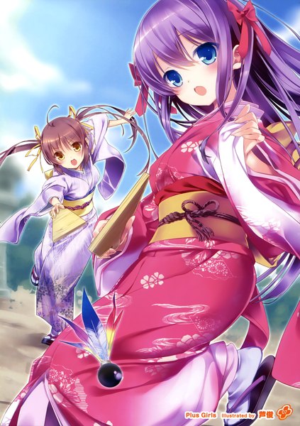 Anime picture 2537x3600 with girls, girls, girls! 11 (artbook) ashishun long hair tall image looking at viewer blush highres open mouth blue eyes twintails multiple girls purple hair traditional clothes japanese clothes scan official art girl bow ribbon (ribbons) 2 girls