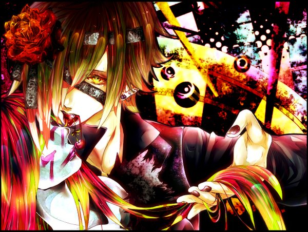 Anime picture 1206x910 with nico nico singer bis (nico nico singer) long hair looking at viewer fringe short hair brown hair holding yellow eyes red hair profile hair flower hair over one eye multiple boys couple hug pale skin open collar face paint boy