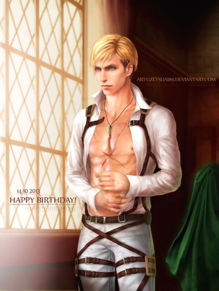 Anime picture 2058x2737 with shingeki no kyojin production i.g erwin smith zetsuai89 single tall image highres short hair blue eyes blonde hair signed nipples realistic inscription open clothes open shirt scar muscle happy birthday boy