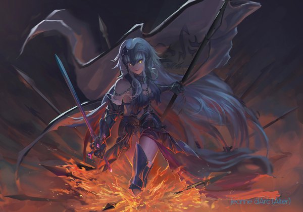 Anime picture 2000x1397 with fate (series) fate/grand order jeanne d'arc (fate) (all) jeanne d'arc alter (fate) jeanne d'arc alter (avenger) (third ascension) (fate) ushas single fringe highres bare shoulders holding yellow eyes very long hair grey hair leaning leaning forward fur trim character names girl dress