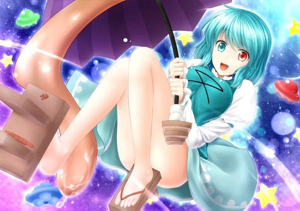 Anime picture 1100x777 with touhou tatara kogasa y2 single short hair open mouth light erotic blue hair heterochromia girl dress star (symbol) umbrella spacecraft ufo flying saucer