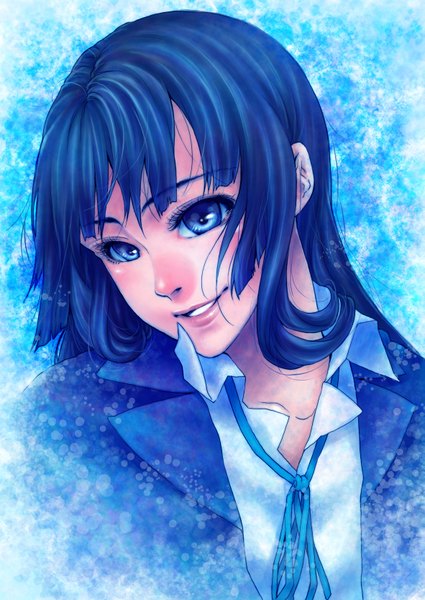 Anime picture 1181x1668 with k-on! kyoto animation akiyama mio takanashi ringo single long hair tall image blue eyes smile blue hair lips blue background girl