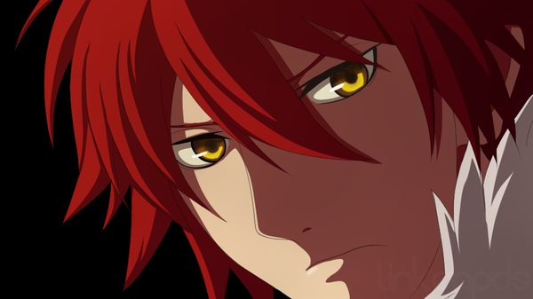 Anime picture 1024x576 with aquarion (series) aquarion evol satelight kagura demuri linkonpds single short hair wide image yellow eyes red hair coloring black background light close-up face boy fur