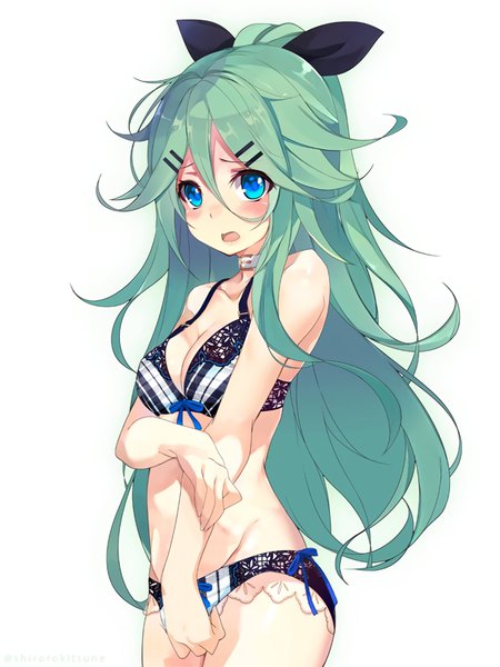 Anime picture 600x800 with kantai collection yamakaze (kantai collection) shirokitsune single long hair tall image looking at viewer blush fringe blue eyes light erotic simple background hair between eyes white background ponytail aqua hair embarrassed underwear only half updo lace-trimmed bra