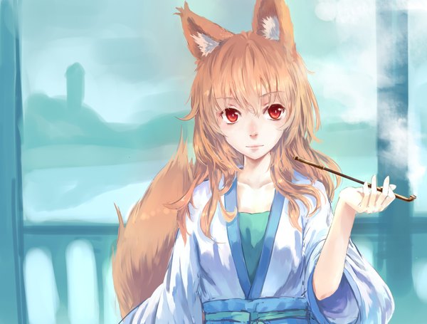 Anime picture 4096x3112 with original hankon single long hair tall image looking at viewer fringe highres breasts blonde hair holding animal ears absurdres tail traditional clothes japanese clothes animal tail arm up light smile lips