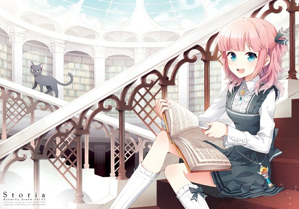 Anime picture 1100x772 with original nardack single long hair blush fringe open mouth blue eyes smile pink hair :d girl animal book (books) cat stairs library