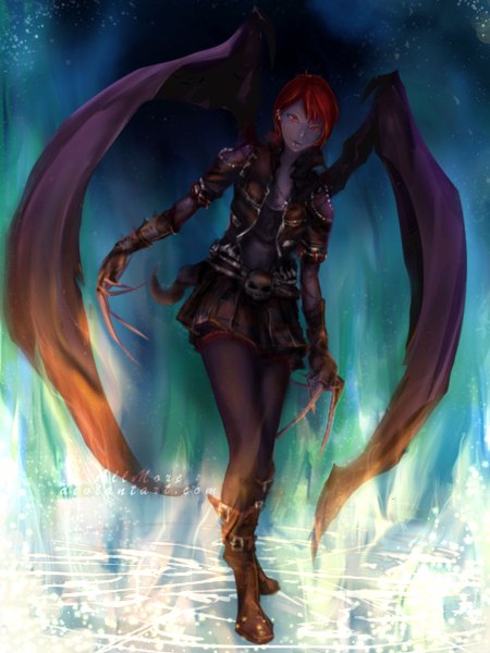 Anime picture 1200x1600 with original allmore (artist) single tall image looking at viewer short hair red eyes red hair fingernails magic long fingernails horror girl skirt wings jacket boots belt skull magic circle