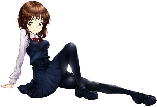 Anime picture 1100x748 with original zizi (zz22) single looking at viewer short hair open mouth simple background brown hair white background sitting brown eyes pleated skirt girl skirt uniform bow school uniform pantyhose