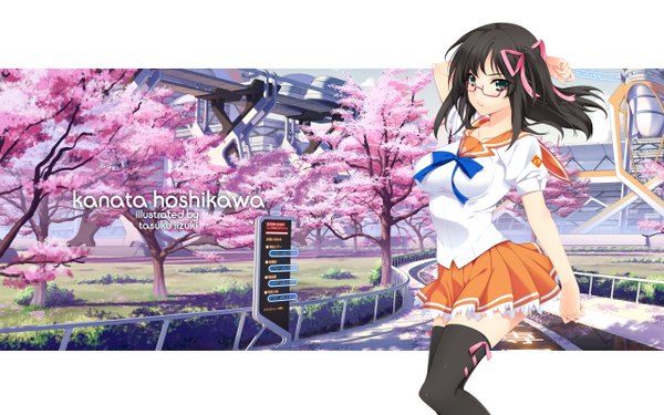 Anime picture 2560x1600 with mirai millenium hoshikawa kanata iizuki tasuku long hair highres black hair wide image green eyes cherry blossoms girl thighhighs uniform ribbon (ribbons) black thighhighs plant (plants) hair ribbon school uniform tree (trees) glasses