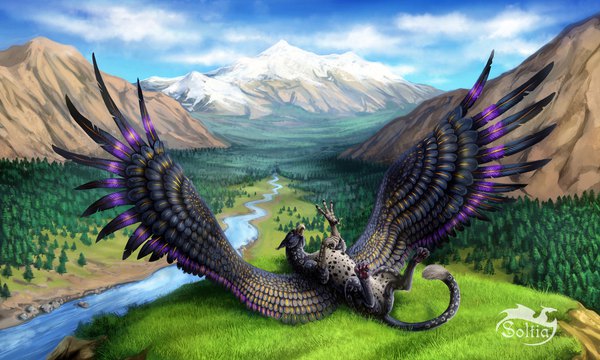 Anime picture 1153x692 with original soltia wide image signed cloud (clouds) lying mountain no people landscape fantasy river hill plant (plants) tree (trees) grass forest griffin