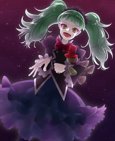 Anime picture 975x1200 with precure kirakira precure a la mode toei animation biburi (precure) single tall image looking at viewer fringe open mouth twintails yellow eyes blunt bangs :d green hair night night sky outstretched hand lolita fashion goth-loli girl