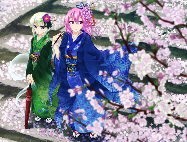 Anime picture 1573x1200 with touhou konpaku youmu saigyouji yuyuko myon din (flypaper) blue eyes multiple girls pink hair japanese clothes pink eyes hair flower green hair cherry blossoms closed umbrella girl hair ornament 2 girls petals kimono umbrella