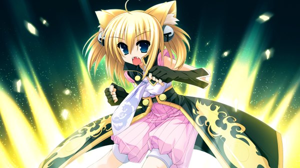 Anime picture 1280x720 with tiny dungeon (game) rosebleu uluru single short hair open mouth blue eyes blonde hair wide image animal ears game cg cat ears loli girl gloves necktie fingerless gloves