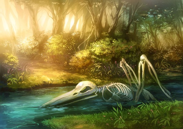 Anime picture 1200x848 with original noki (affabile) sunlight landscape river nature skeleton bone (bones) flower (flowers) plant (plants) tree (trees) water grass forest bushes