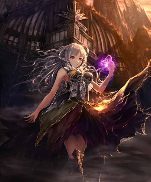 Anime picture 931x1120 with original jname single long hair tall image red eyes looking away wind grey hair sunlight magic fantasy walking fog girl dress knee boots castle