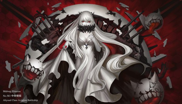 Anime picture 1350x774 with kantai collection midway hime narcolepsy-1900 single looking at viewer breasts red eyes wide image cleavage white hair very long hair shinkaisei-kan girl dress weapon tongue