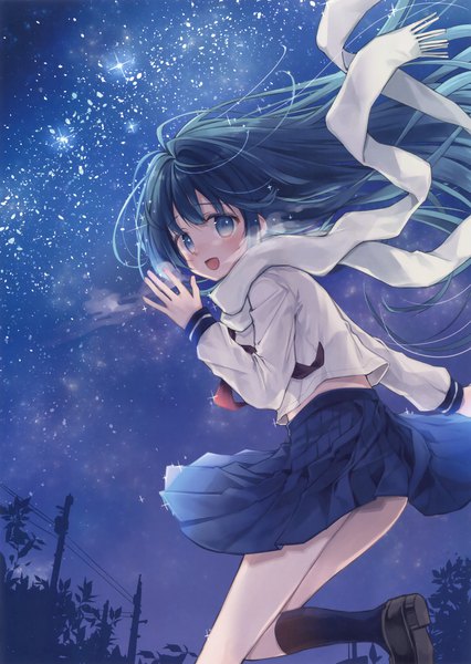 Anime picture 2484x3500 with original oshio (dayo) single long hair tall image looking at viewer blush fringe highres open mouth blue eyes black hair scan night official art girl skirt uniform miniskirt socks