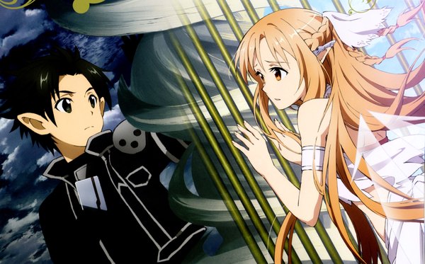 Anime picture 7019x4371 with sword art online a-1 pictures yuuki asuna kirigaya kazuto titania (alo) long hair highres short hair black hair brown hair wide image bare shoulders brown eyes absurdres pointy ears black eyes scan official art elf girl