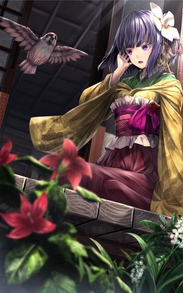 Anime picture 1000x1600 with touhou hieda no akyuu ryosios single tall image fringe short hair open mouth sitting purple eyes looking away purple hair long sleeves traditional clothes japanese clothes arm up sunlight blurry wide sleeves arm support