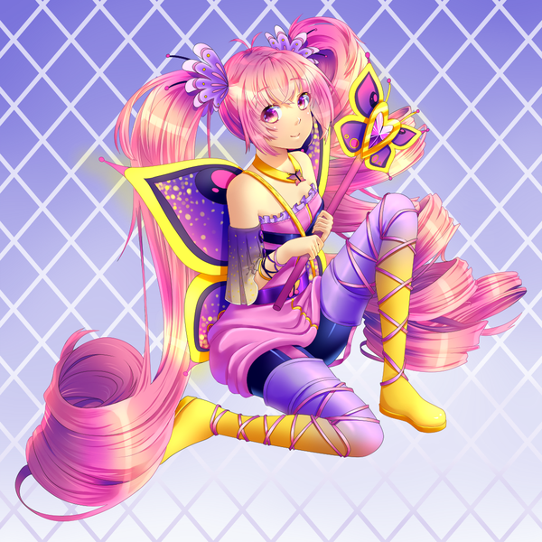 Anime picture 1080x1080 with original vali (valiryn) single smile bare shoulders pink hair very long hair pink eyes drill hair insect wings butterfly wings girl detached sleeves wings wand