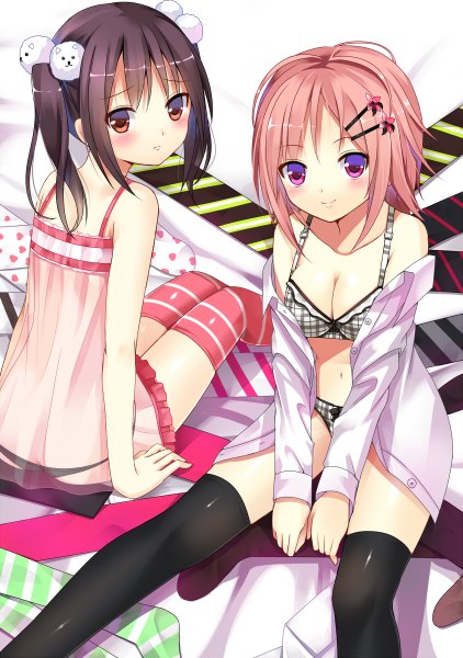 Anime picture 844x1200 with original koi (koisan) tall image blush short hair breasts light erotic black hair red eyes sitting twintails multiple girls pink hair pink eyes girl thighhighs hair ornament underwear panties black thighhighs