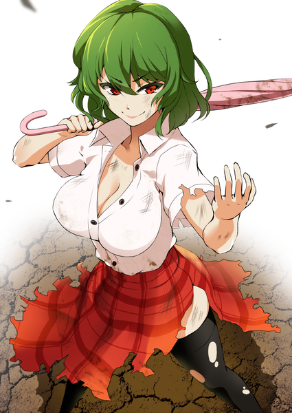 Anime picture 993x1401 with touhou kazami yuuka mattari yufi (artist) single tall image fringe short hair breasts light erotic smile red eyes large breasts standing cleavage green hair torn clothes plaid skirt closed umbrella dirty girl