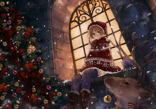 Anime picture 2000x1413 with original pisuke single highres blonde hair smile sitting green eyes sparkle snowing christmas new year merry christmas girl thighhighs bow animal pantyhose boots window