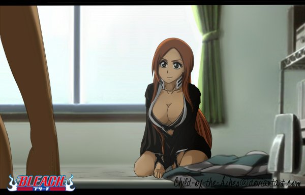 Anime picture 1200x771 with bleach studio pierrot inoue orihime long hair breasts light erotic large breasts brown eyes japanese clothes orange hair girl navel window kimono bed
