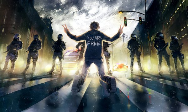 Anime picture 1500x900 with fisheye placebo frey (fisheye placebo) yuumei short hair brown hair wide image sky cloud (clouds) from behind kneeling back victory rain clothes writing street crosswalk police boy uniform weapon
