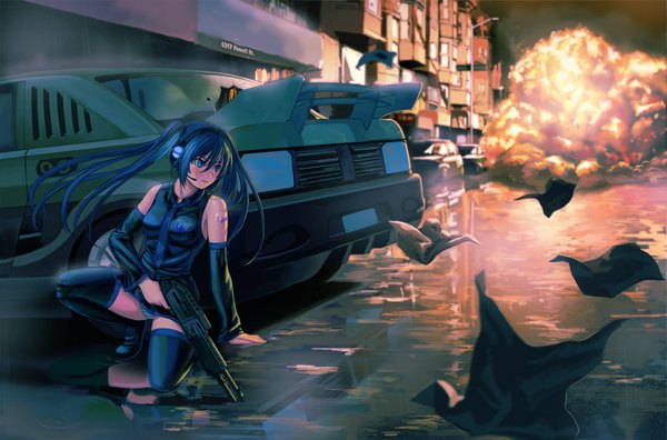 Anime picture 1801x1191 with vocaloid hatsune miku lasterk single long hair highres open mouth light erotic sitting twintails bare shoulders looking away aqua eyes aqua hair striped explosion girl underwear panties weapon