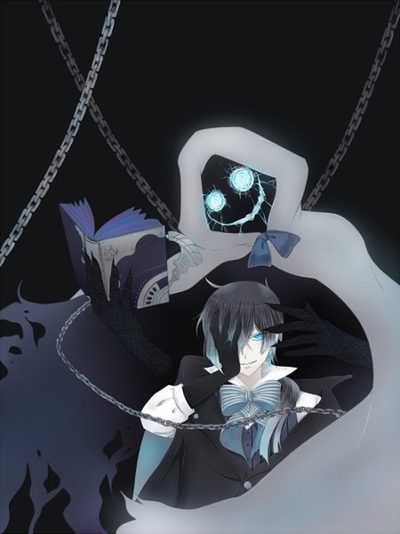 Anime picture 2000x2666 with vanitas no shuki vanitas no carte studio bones vanitas (vanitas no carte) coro96 long hair tall image looking at viewer fringe highres black hair simple background smile holding head tilt multicolored hair aqua eyes hair over one eye torn clothes glowing