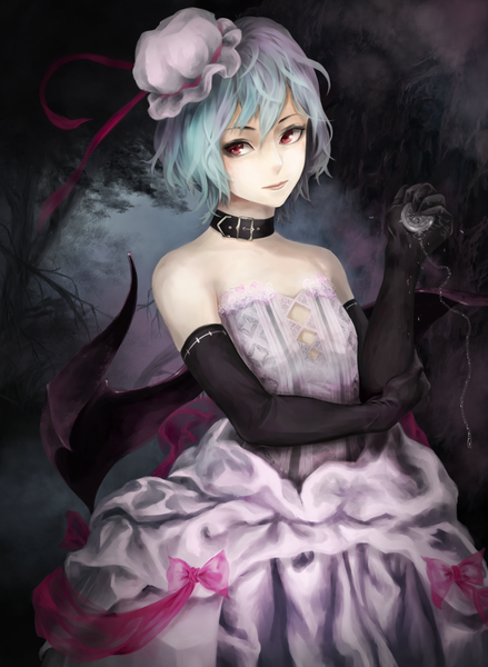 Anime picture 1097x1500 with touhou remilia scarlet akaikitsune single tall image short hair red eyes bare shoulders blue hair dark background girl dress gloves wings elbow gloves collar bonnet clock pocket watch