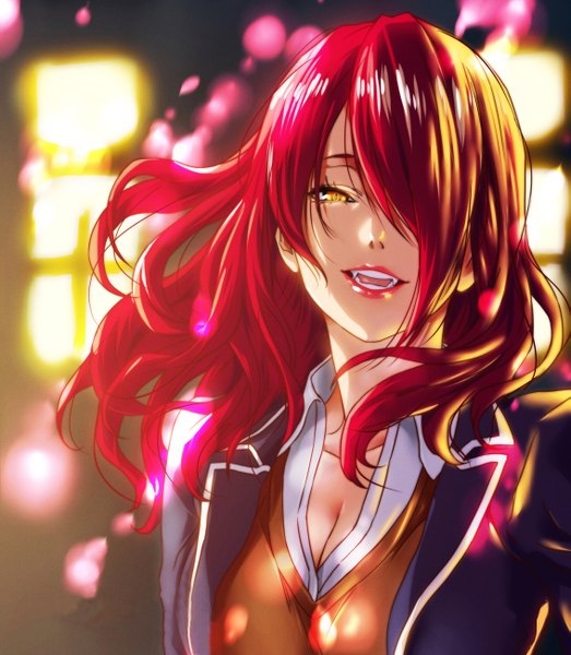 Anime picture 1133x1300 with shokugeki no soma j.c. staff kobayashi rindou ar-ua single long hair tall image looking at viewer fringe smile yellow eyes cleavage red hair wind hair over one eye teeth fang (fangs) lipstick red lipstick vampire
