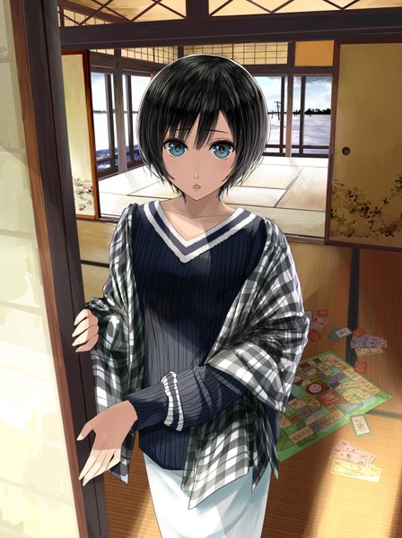 Anime picture 1300x1741 with original mikipuruun no naegi single tall image looking at viewer short hair open mouth blue eyes black hair girl sweater sliding doors shouji fusuma