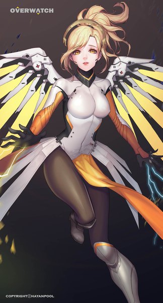 Anime picture 1181x2182 with overwatch blizzard entertainment mercy (overwatch) hayanpool single tall image looking at viewer short hair breasts open mouth simple background blonde hair standing signed yellow eyes bent knee (knees) ponytail parted lips light smile lips