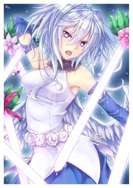 Anime picture 1750x2456 with yumekui merry engi threepiece shintani tsushiya single tall image highres short hair open mouth purple eyes silver hair girl dress gloves weapon sword wings elbow gloves