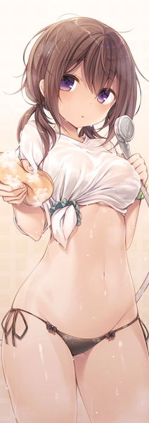 Anime picture 502x1419 with original komeshiro kasu single tall image blush short hair light erotic brown hair purple eyes twintails holding looking away fingernails :o wet short twintails wet clothes girl navel underwear