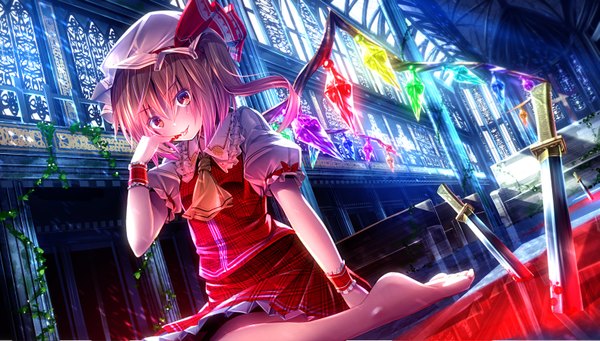 Anime picture 1580x900 with touhou flandre scarlet ryosios single short hair blonde hair red eyes wide image barefoot one side up finger to mouth girl dress plant (plants) wings blood bonnet knife crystal