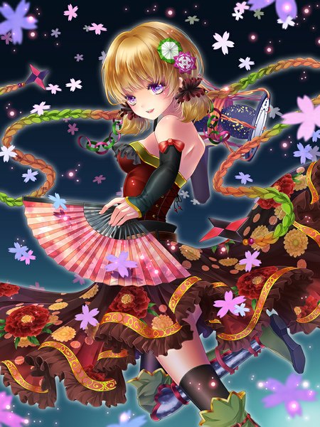 Anime picture 840x1120 with original kasugaya single tall image blush short hair open mouth blonde hair purple eyes bare shoulders braid (braids) multicolored hair girl thighhighs dress hair ornament flower (flowers) black thighhighs detached sleeves boots