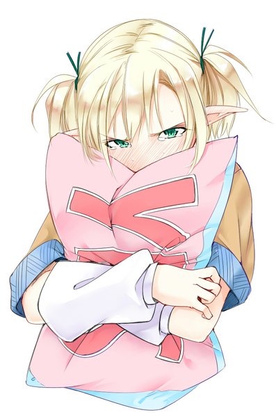 Anime picture 754x1139 with touhou mizuhashi parsee kurokuro single tall image looking at viewer blush short hair simple background blonde hair white background twintails green eyes pointy ears embarrassed hug short twintails alternate hairstyle yes-no pillow girl