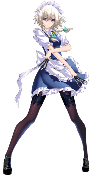Anime picture 1500x2830 with touhou izayoi sakuya aono meri single tall image looking at viewer fringe short hair blue eyes simple background blonde hair white background holding braid (braids) maid puffy sleeves twin braids crossed arms eyebrows fighting stance