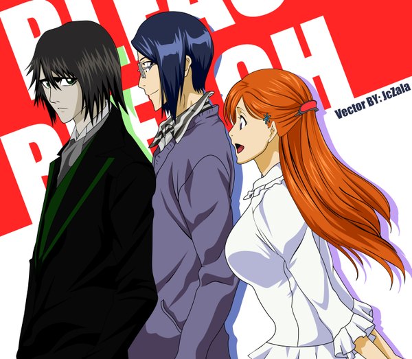 Anime picture 2849x2488 with bleach studio pierrot inoue orihime ulquiorra schiffer ishida uryuu jczala long hair highres short hair open mouth blue eyes black hair smile purple eyes green eyes blue hair profile orange hair inscription coloring