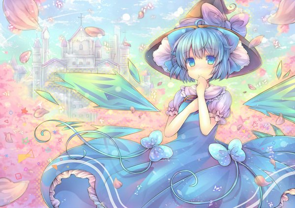 Anime picture 1000x706 with touhou cirno pjrmhm coa single looking at viewer blush short hair blue eyes blue hair ahoge girl dress bow hair bow hat petals wings witch hat castle
