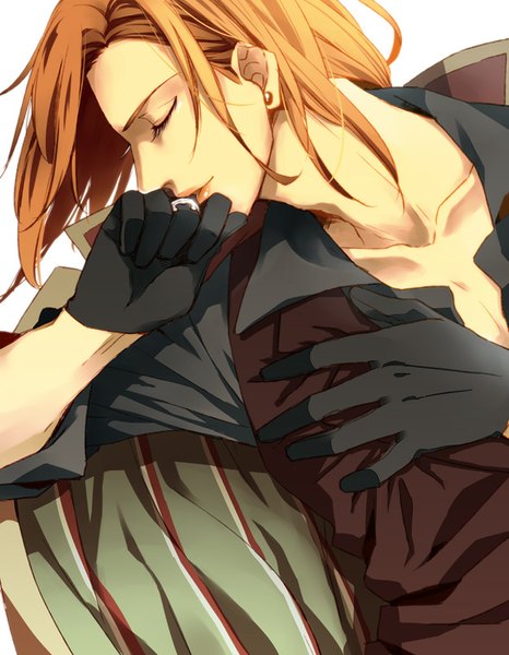 Anime picture 622x800 with uta no prince-sama a-1 pictures jinguji ren srk555 single long hair tall image simple background blonde hair white background eyes closed profile light smile orange hair hand on chest finger to mouth partially open clothes twisty sleeves boy gloves