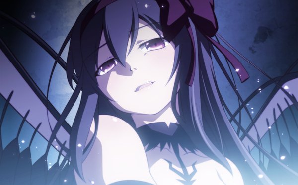 Anime picture 1024x638 with mahou shoujo madoka magica shaft (studio) akemi homura akuma homura izumi bell single long hair looking at viewer fringe open mouth black hair smile wide image purple eyes bare shoulders from below close-up black wings glow smirk