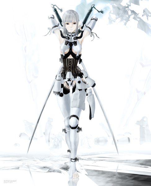Anime picture 1460x1800 with nier kaine (nier) bitter sweet (artist) single tall image fringe short hair holding silver hair grey eyes alternate costume alternate hairstyle walking dual wielding 3d girl gloves weapon sword elbow gloves