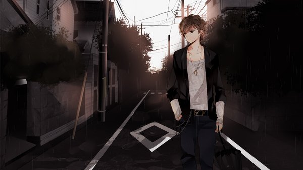 Anime picture 1920x1080 with original hatsuko highres short hair brown hair wide image brown eyes looking away open clothes open jacket city rain hand in pocket walking sad street closed umbrella boy plant (plants) tree (trees)